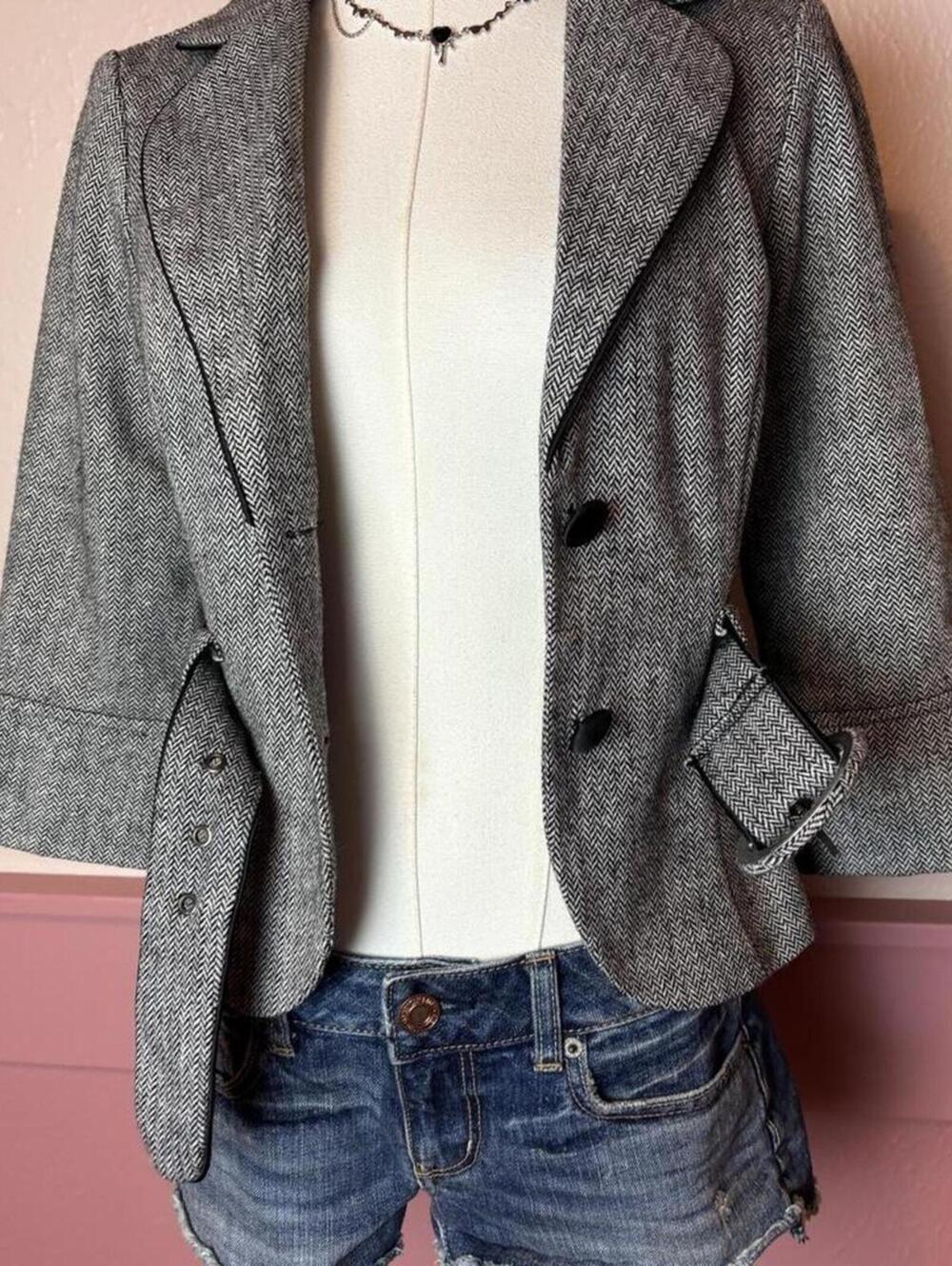 vintage forever 21 wool belted blazer 2000s y2k collegiate grey sz small office - Picture 6 of 8